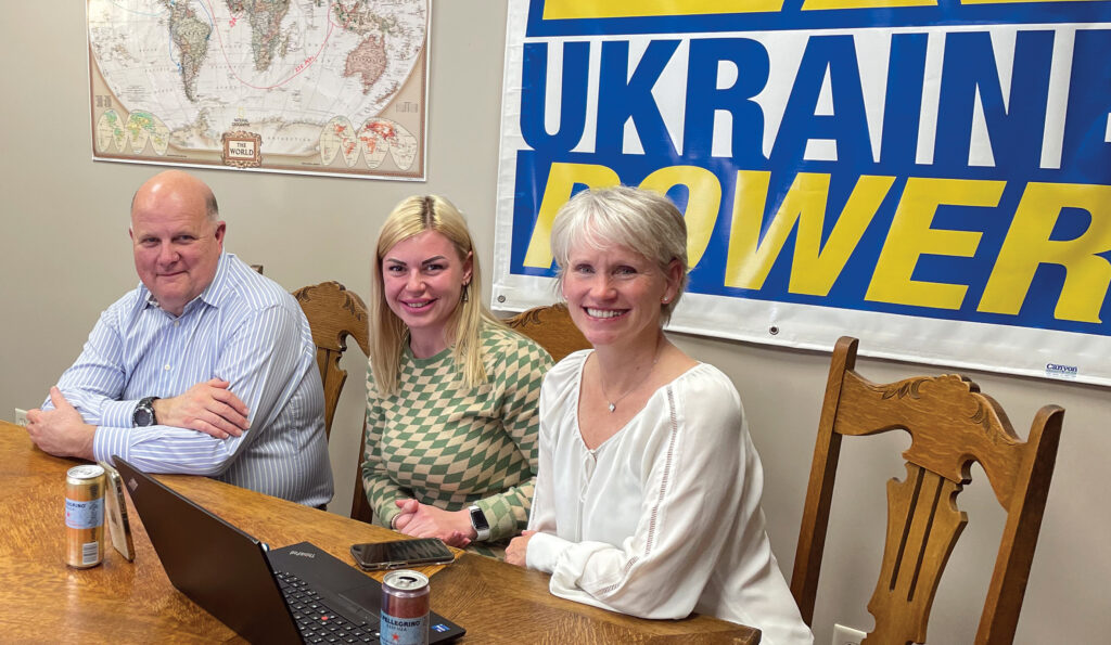Ukraine Power officially was approved as a 501(c)(3) in mid-December. Pictured are Marc Luckett (left), treasurer of the non-profit; Yana Malyk, executive director; and Whitney Luckett, president.